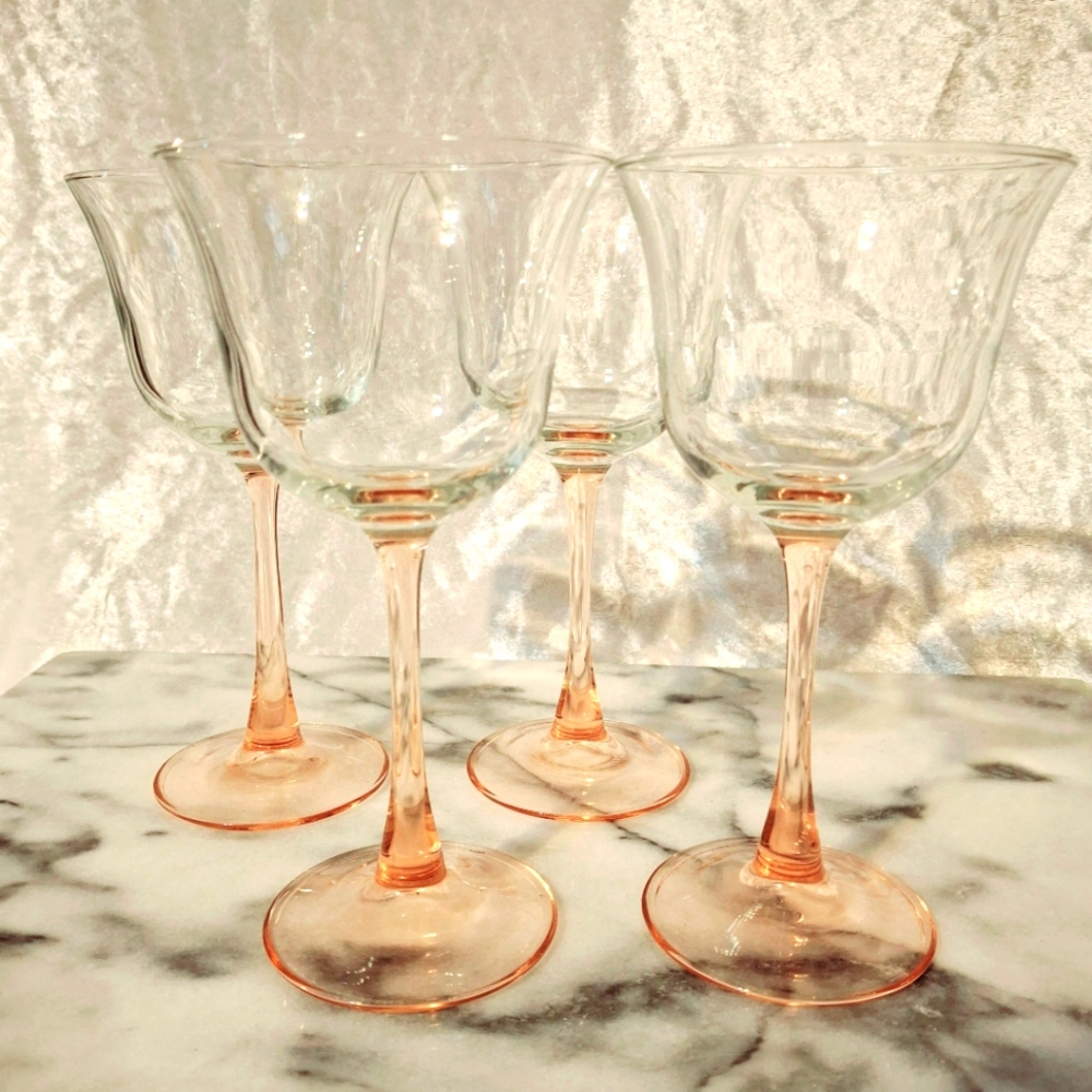 Four Cristal D'Arques Durand Americana Rose Pink Water Goblets Stemware 7” Tall